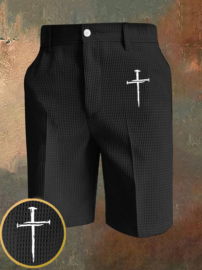 Men's Retro Faith Cross Printed Waffle Casual Pants