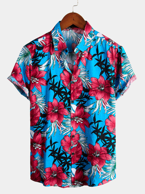 Men's Blue Flower Tropical Hawaii Cotton Short Sleeve Shirt
