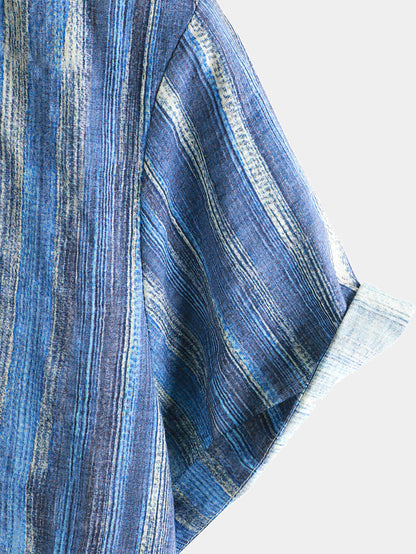 Men's Retro Blue Striped Holiday Short Sleeve Shirt