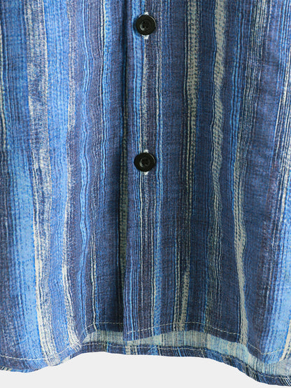 Men's Retro Blue Striped Holiday Short Sleeve Shirt