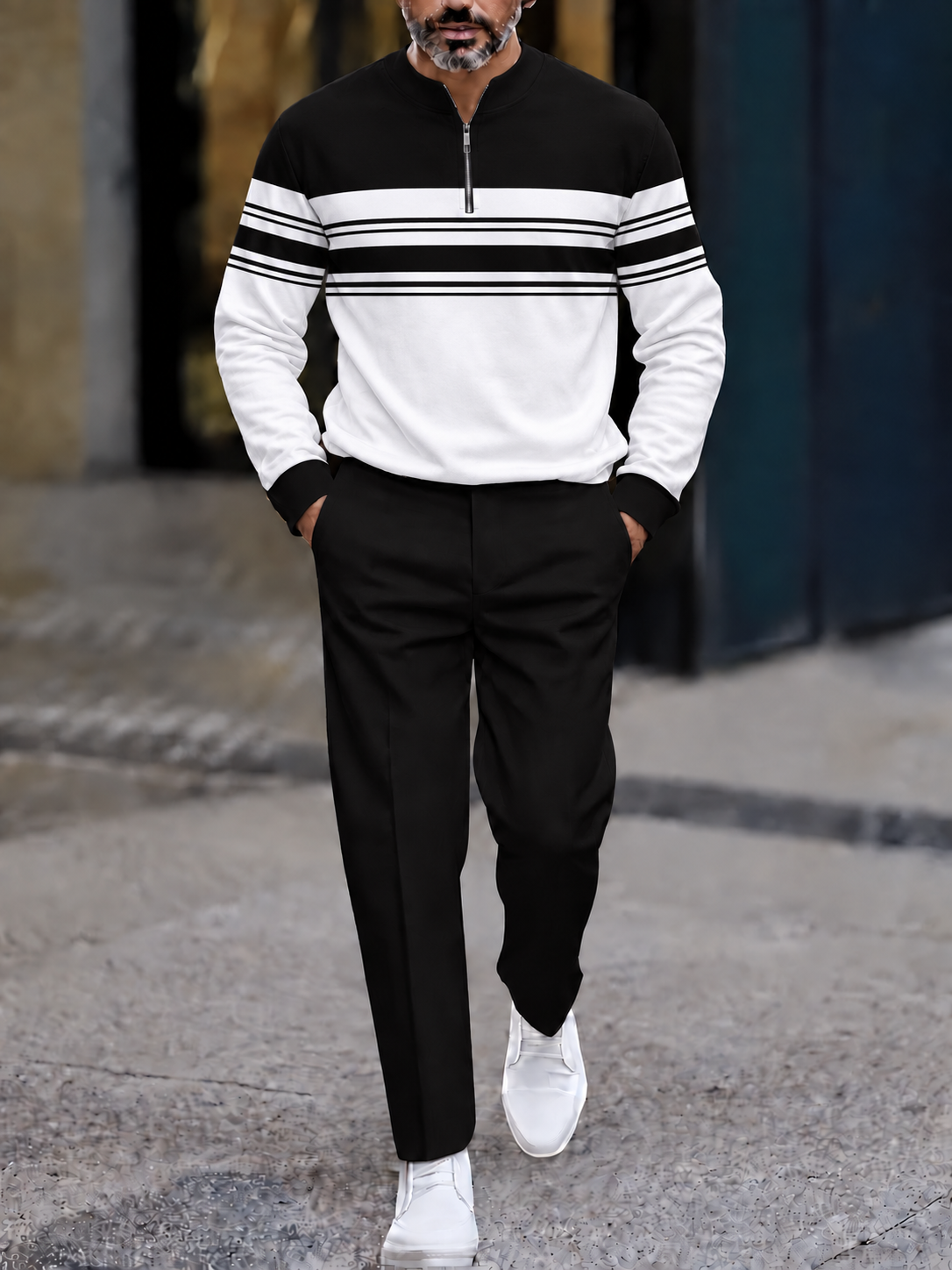 Men's Printed Zipper Polo Shirt and Pants Set