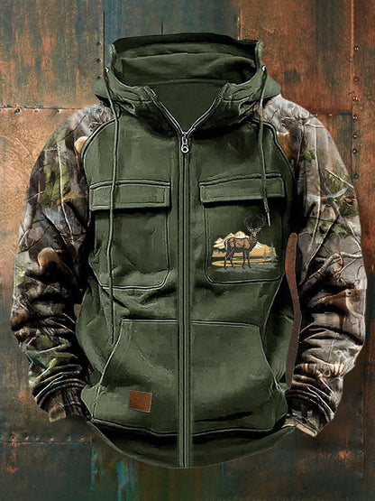 Men's Vintage Western Deer Print Multi-Pocket Jacket