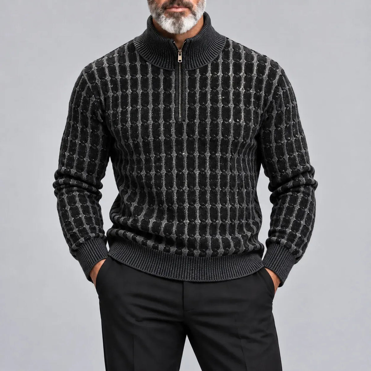 Men's Gray Cable Knit Stand Collar Quarter Zip Casual Pullover Sweater