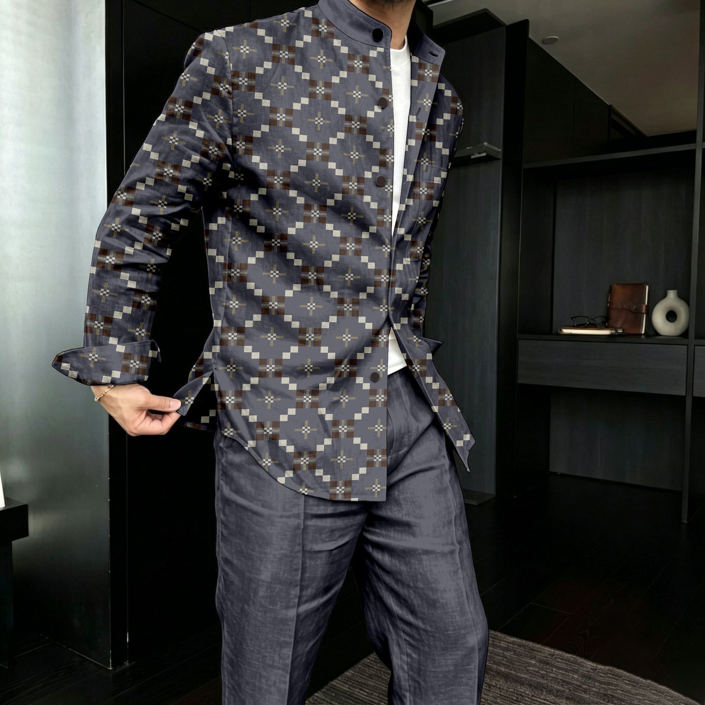 Men's Casual Diagonal Diamond-Patterned Print Stand-Collar Long-Sleeve Shirt and Pants Two-Piece Set