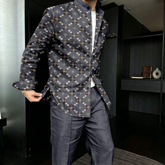 Men's Casual Diagonal Diamond-Patterned Print Stand-Collar Long-Sleeve Shirt and Pants Two-Piece Set