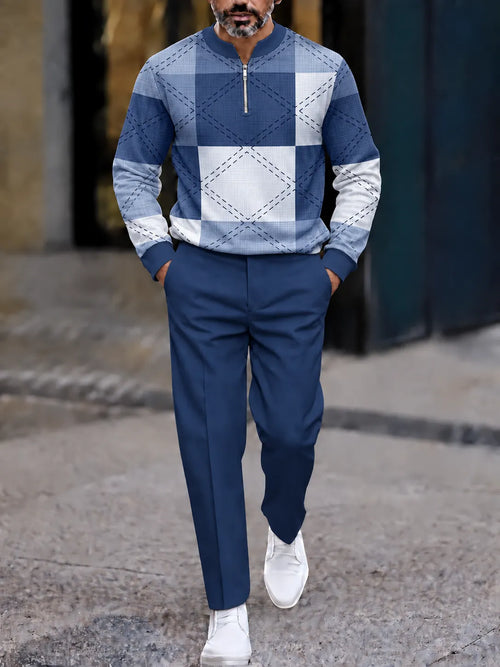 Men's Printed Zipper Polo Shirt and Pants Set