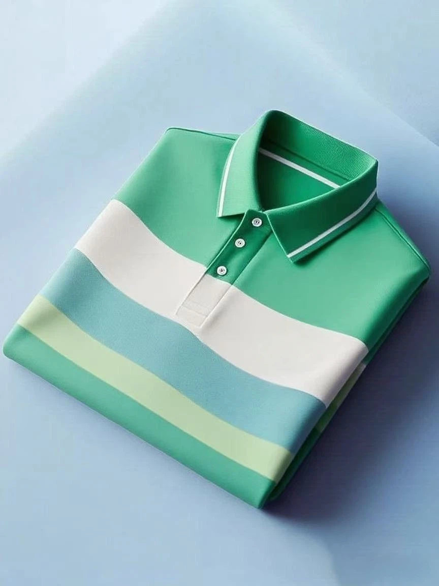 Men's Business Casual Color Block Stripe Logo Button Short Sleeve Polo Shirt
