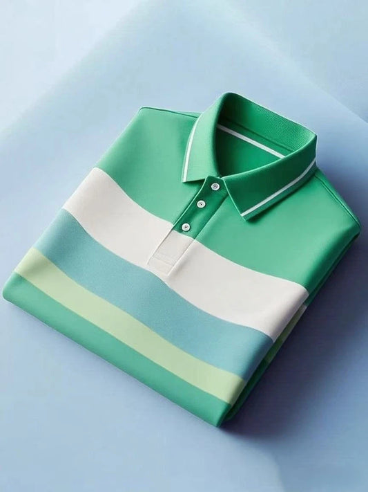 Men's Business Casual Color Block Stripe Logo Button Short Sleeve Polo Shirt