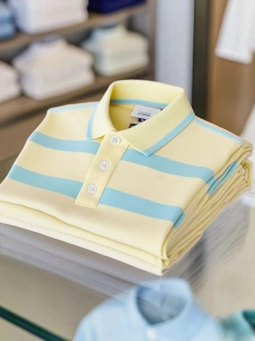 Men's Business Casual Color Block Stripe Logo Button Short Sleeve Polo Shirt