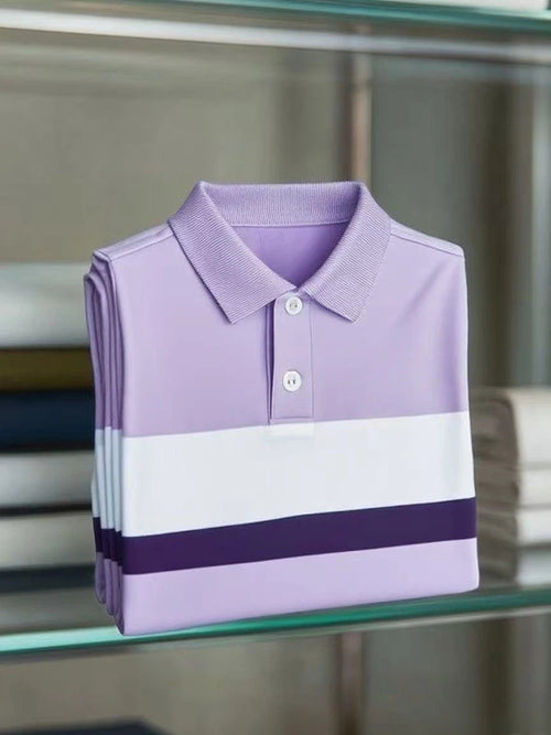 Men's Business Casual Color Block Stripe Logo Button Short Sleeve Polo Shirt