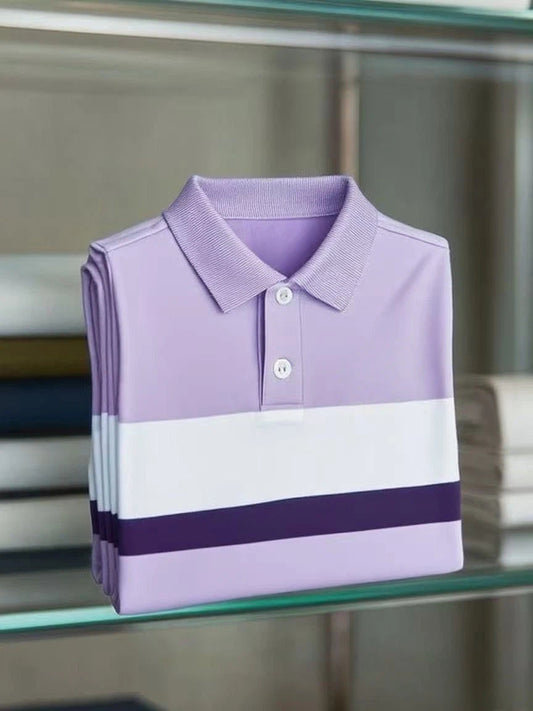 Men's Business Casual Color Block Stripe Logo Button Short Sleeve Polo Shirt