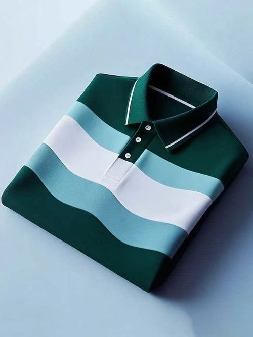 Men's Business Casual Color Block Stripe Logo Button Short Sleeve Polo Shirt