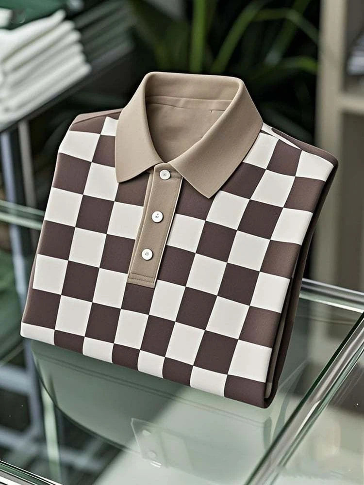 Men's Business Casual Checkerboard Logo Button Short Sleeve Polo Shirt