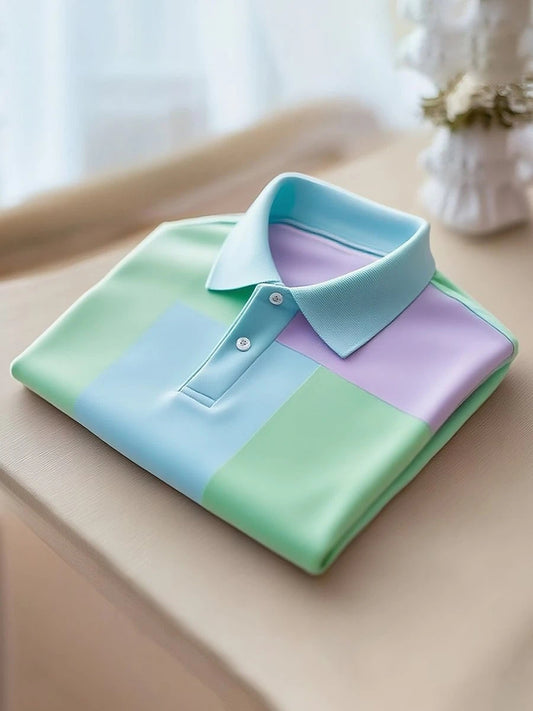 Men's Classic Business Stripe Logo Button Short Sleeve Polo Shirt