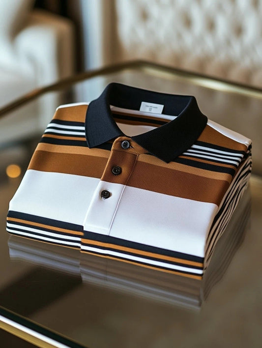 Men's Business Casual Striped Fish Embroidered Button Short Sleeve Polo Shirt