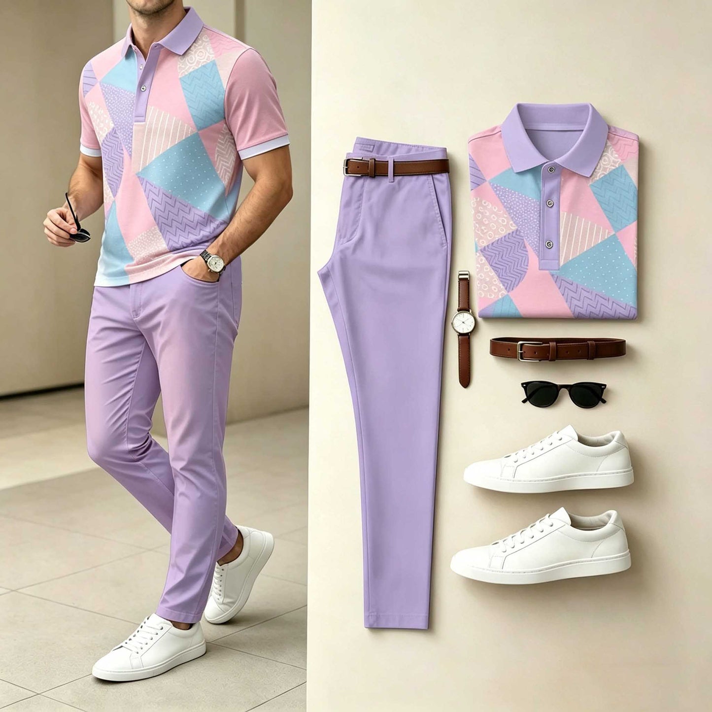 Men's Casual Lavender Pink Geometric Printed Polo Shirt & Pants Two-Piece Set