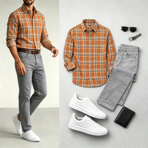 Men's Orange & Gray Color Matching Retro Style Plaid Printed Lapel Collar Long Sleeves Shirt & Jeans Two-Piece Set