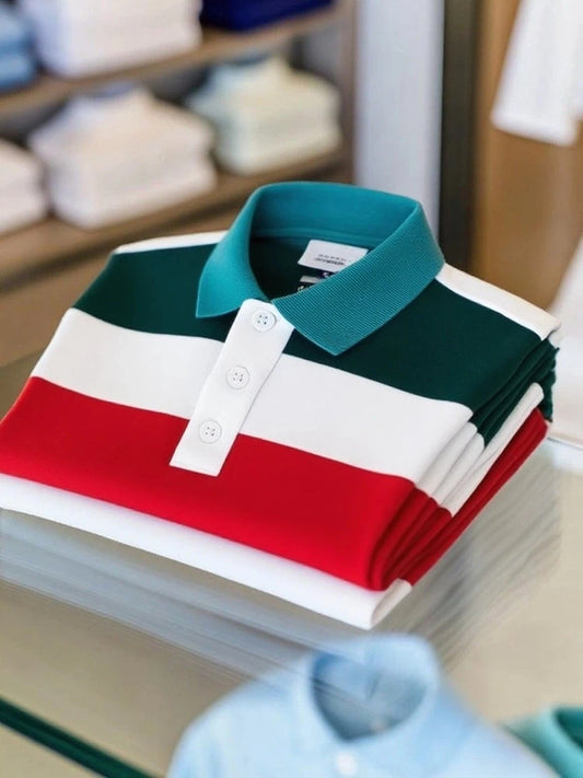 Men's Business Casual Color Block Stripe Logo Button Short Sleeve Polo Shirt