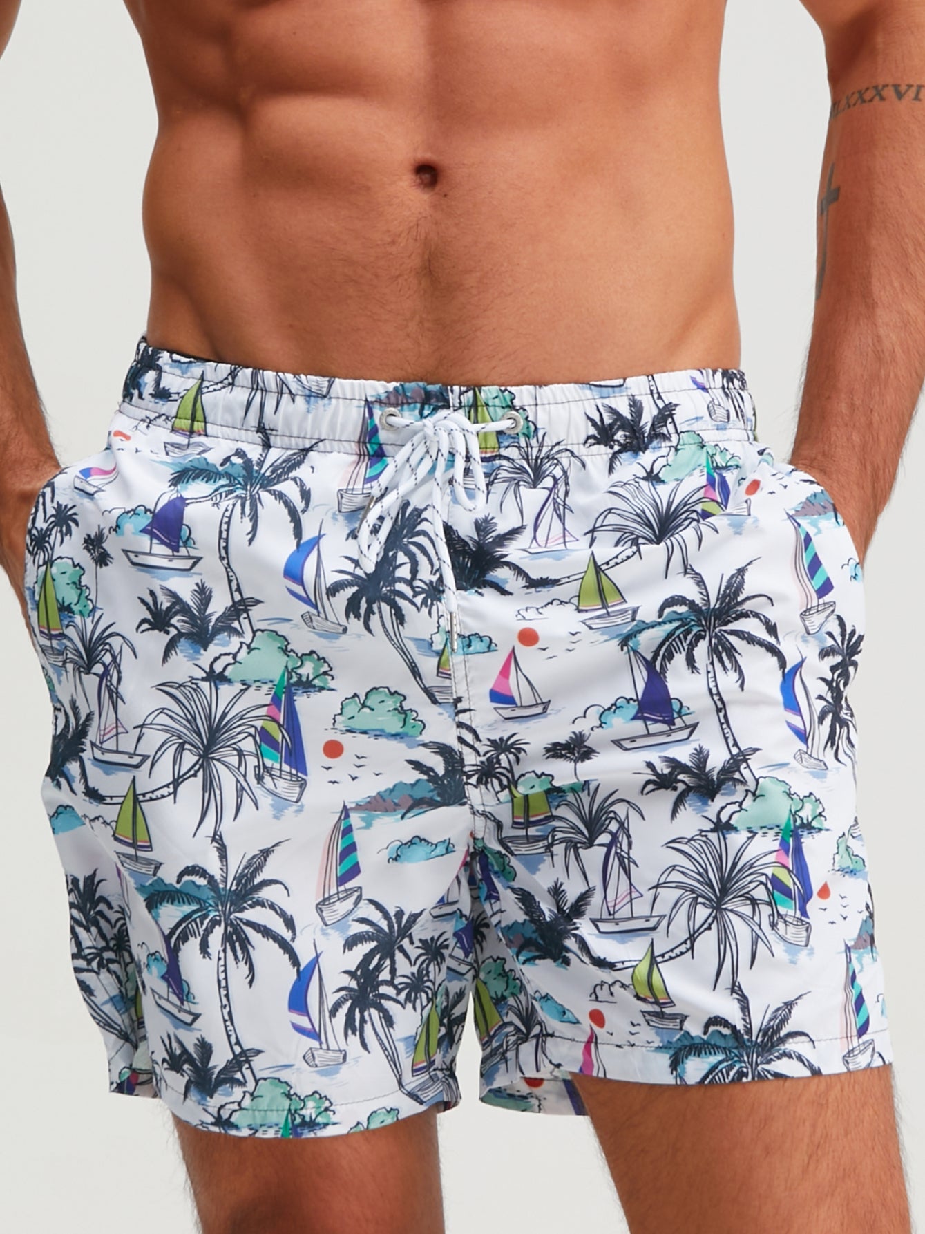 Palm Tree Sailboat Print Swim Shorts