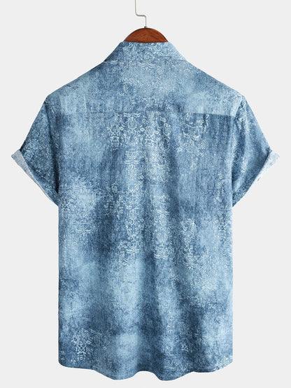 Men's Cotton Vintage Light Blue Short Sleeve Summer Button Up Shirt