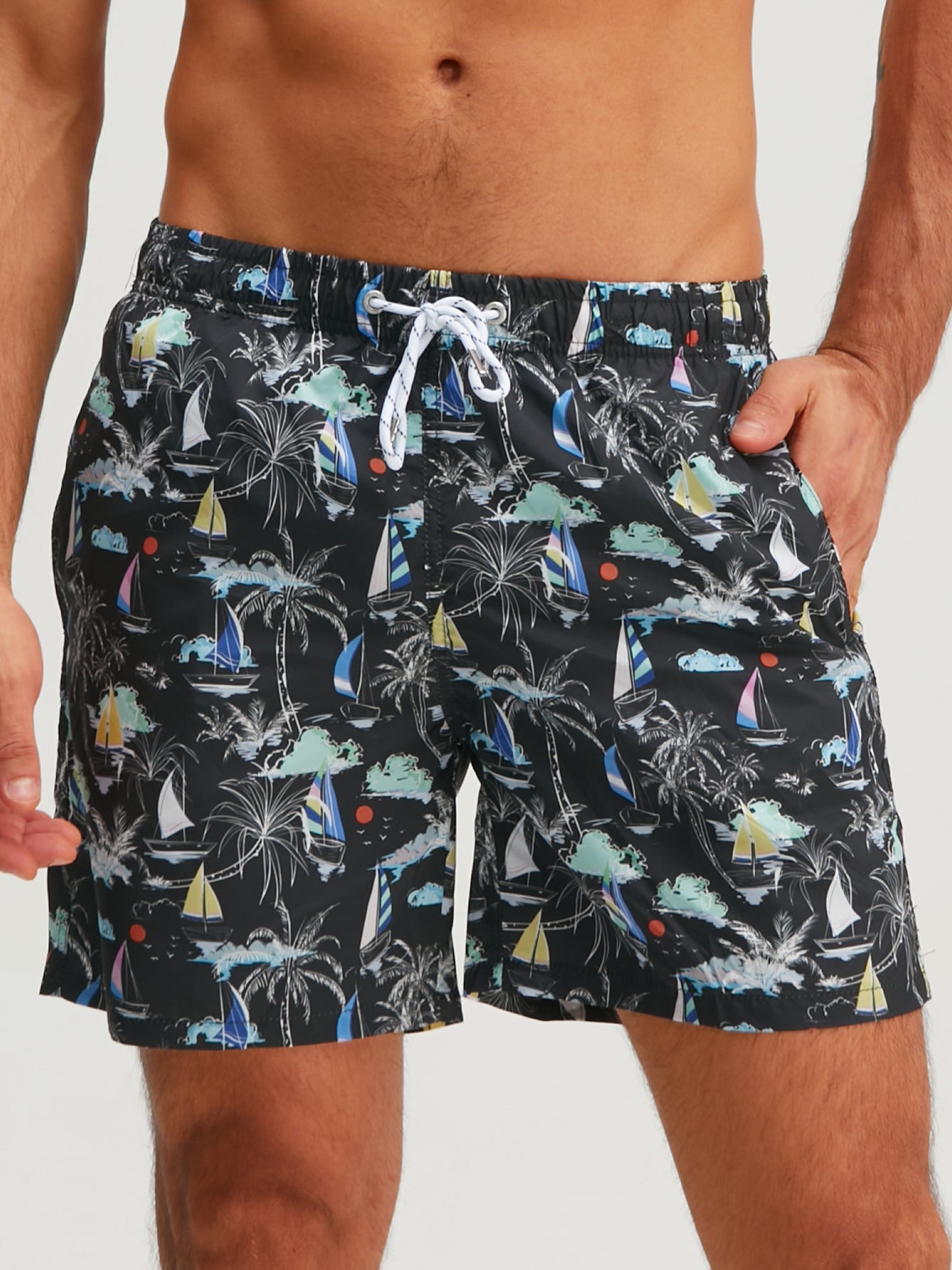 Palm Tree Sailboat Print Swim Shorts