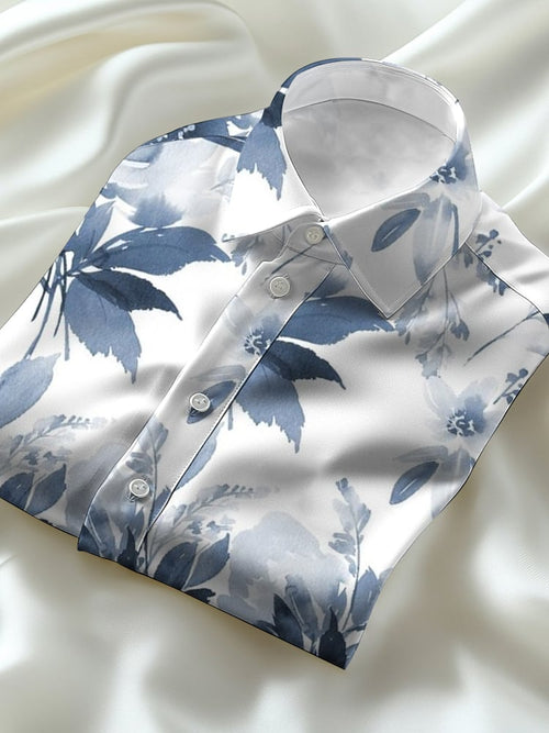 Men's Business Casual Hawaiian Watercolor Leaves Lapel Short Sleeve Shirt