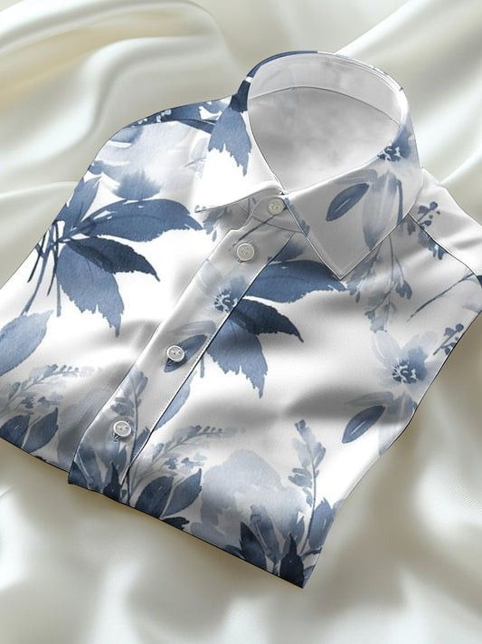 Men's Business Casual Hawaiian Watercolor Leaves Lapel Short Sleeve Shirt