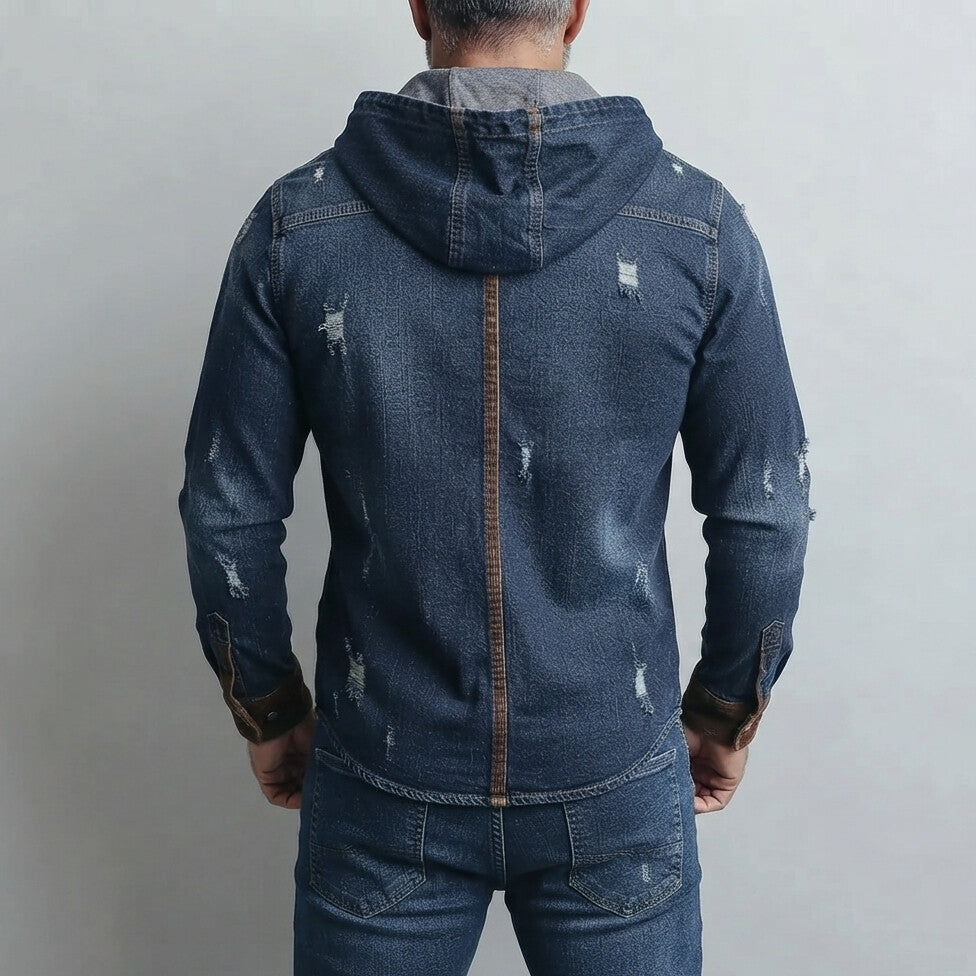 Men's Vintage Denim Contrast Trim Single Breasted Chest Pocket Hooded Shirt