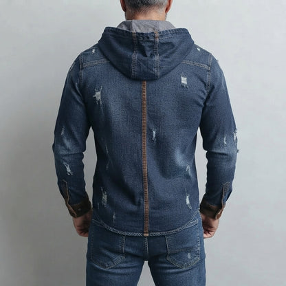 Men's Vintage Denim Contrast Trim Single Breasted Chest Pocket Hooded Shirt