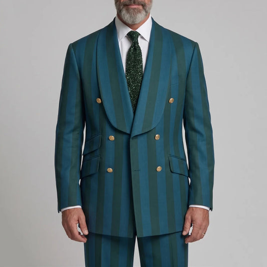 Men's Teal Contrast Striped Print Double-Breasted Shawl Lapel Party Blazer