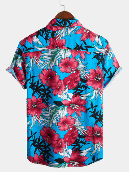 Men's Blue Flower Tropical Hawaii Cotton Short Sleeve Shirt