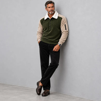 Men's Colorblock Corduroy Fluffy Collar Half Placket Long Sleeve Pullover Polo Shirt