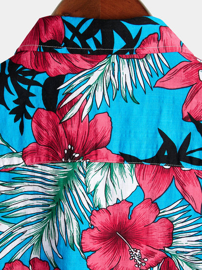 Men's Blue Flower Tropical Hawaii Cotton Short Sleeve Shirt