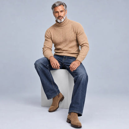 Men's Casual Solid Color Turtleneck Ribbed Knit Slim-Fit Pullover Sweater
