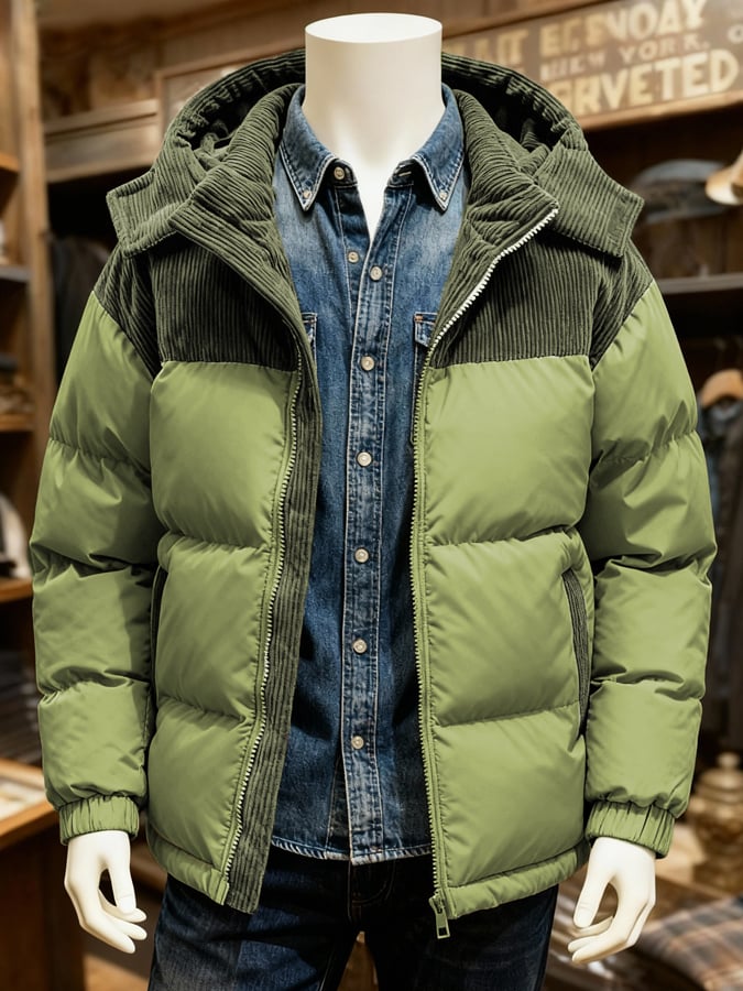 Men's Warm Corduroy Stitching Contrast Color Cotton Jacket (Removable Hood)