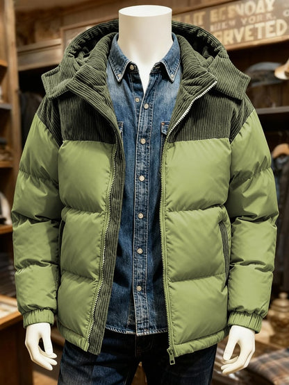 Men's Warm Corduroy Stitching Contrast Color Cotton Jacket (Removable Hood)
