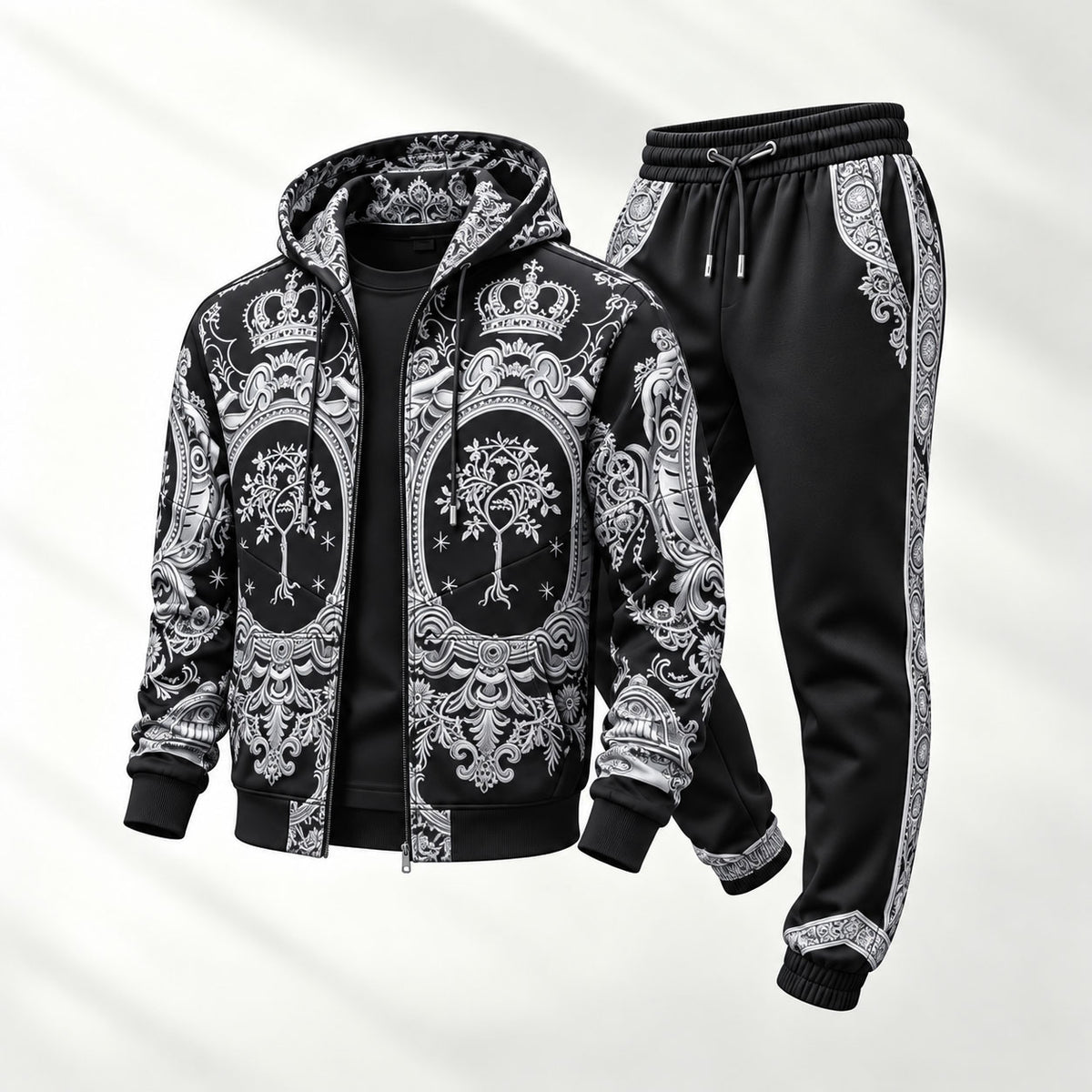 Men's Crown-Print Hooded Cardigan and Sweatpants Set