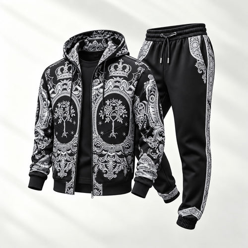 Men's Crown-Print Hooded Cardigan and Sweatpants Set