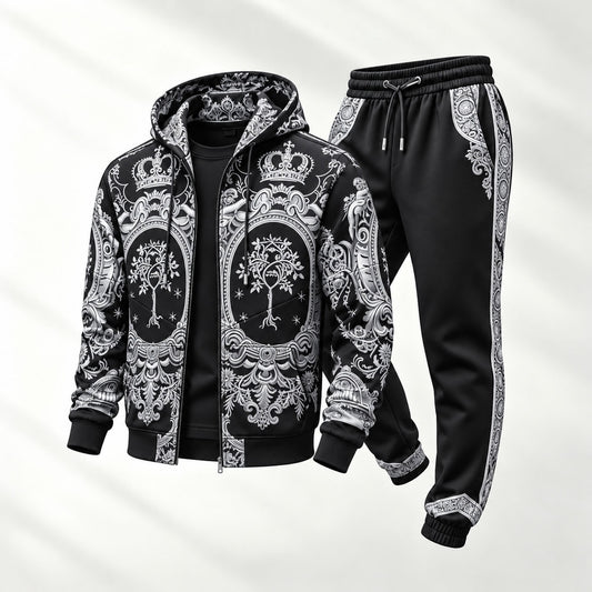 Men's Crown-Print Hooded Cardigan and Sweatpants Set