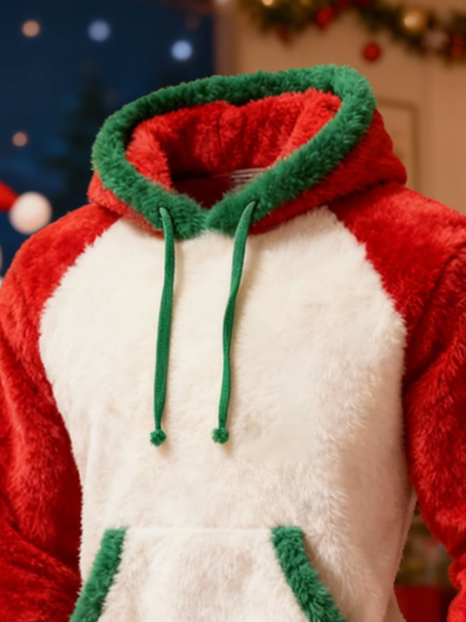 Men'S Plush Warm Color-Blocked Christmas Hooded Sweatshirt