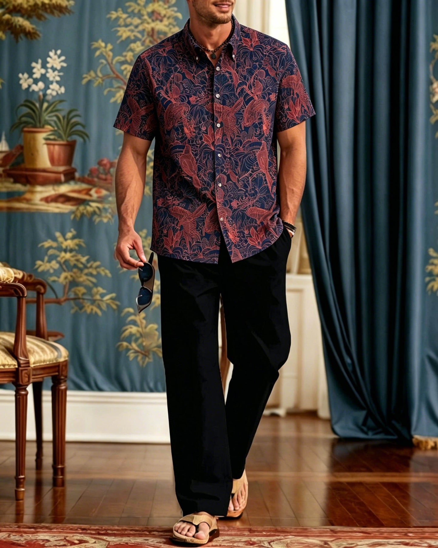 Men's Elegant Retro Lines Short-Sleeve Walking Set