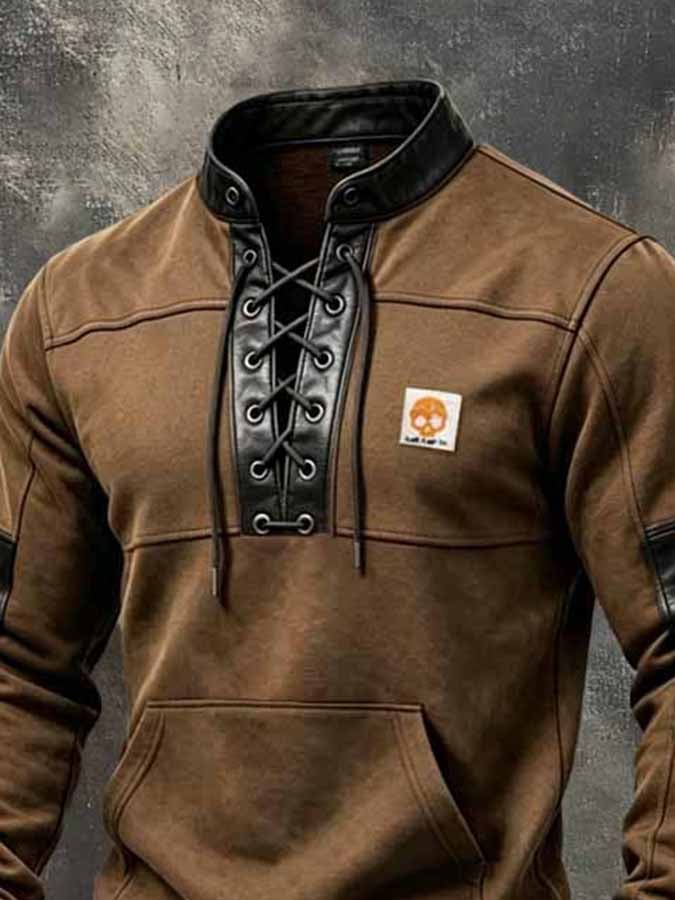 Men's Retro Paneled Leather-Detail Lace-Up Sweatshirt