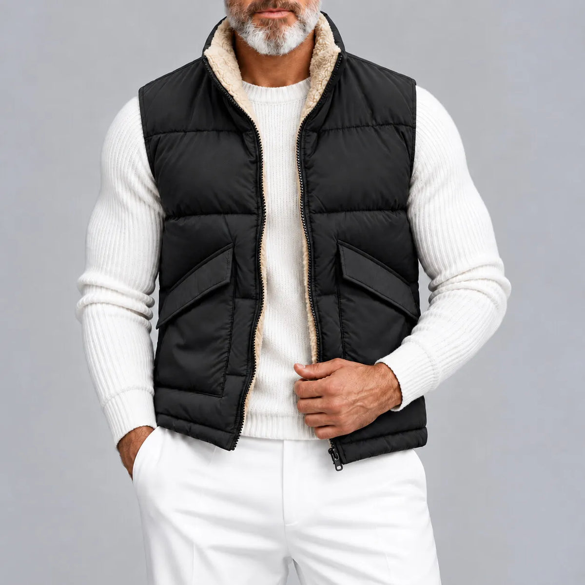 Men's Solid Color Stand Collar Zipper Sherpa Fleece Lined Reversible Puffer Vest