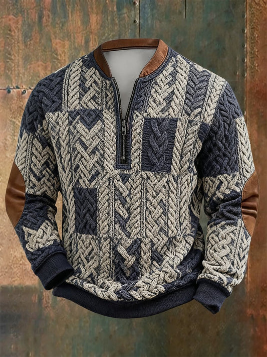 Men's Retro  Geometric Style Print Quarter Zip Sweatshirt