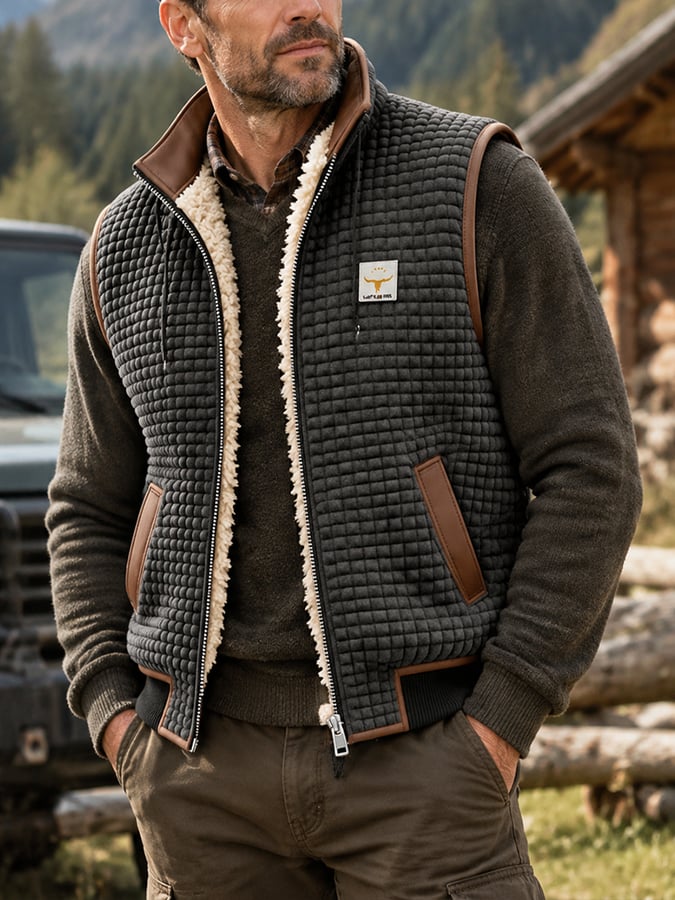 Men's Retro Leather-Panelled Insulated Outdoor Hooded Vest