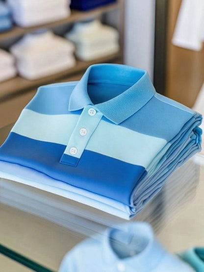 Men's Business Casual Color Block Stripe Logo Button Short Sleeve Polo Shirt