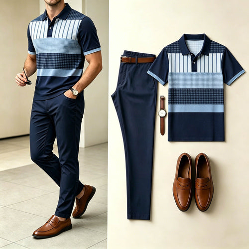 Men's Light Business Patchwork Vertical Plaid & Horizontal Stripe Polo Shirt And Slim Fit Pants Two-Piece Set