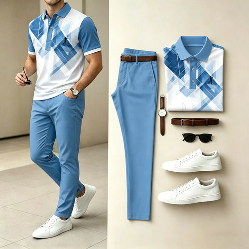 Men's Casual Light Blue Geometric Printed Polo Shirt & Pants Two-Piece Set