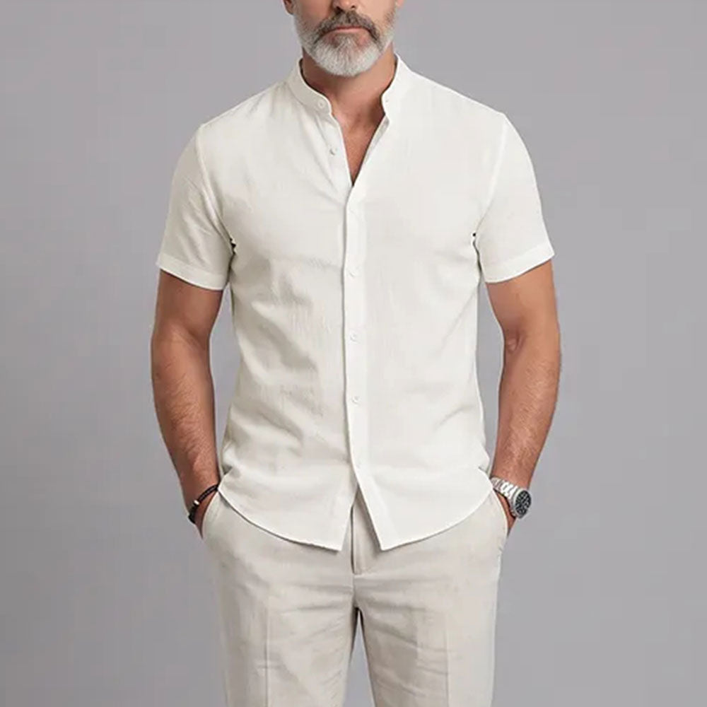 Men's Short-Sleeve Shirt with Stand-Up Collar: Lightweight, Breathable, and Textured