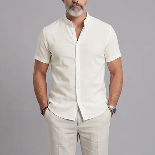Men's Short-Sleeve Shirt with Stand-Up Collar: Lightweight, Breathable, and Textured